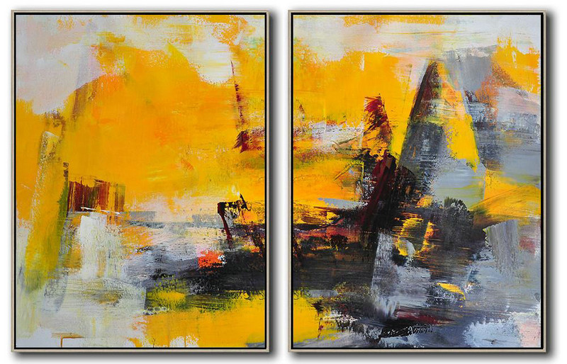 Handmade Large Contemporary Art,Set Of 2 Contemporary Art On Canvas,Large Contemporary Painting,Yellow,Grey,Black.etc